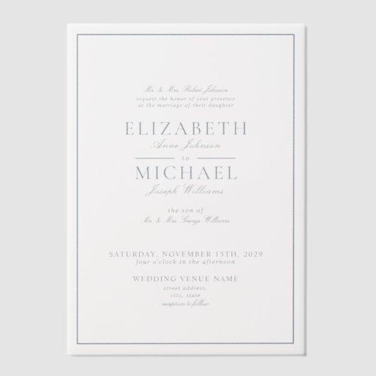 Vellum Elegant Dusty Blue Classic Script Wedding Uitnodigingen (Voorkant)