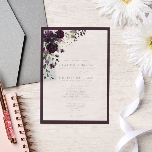 Vellum Formal Plum Paarse Bloemen Waterverf Script Vellum Uitnodigingen (Huwelijk)