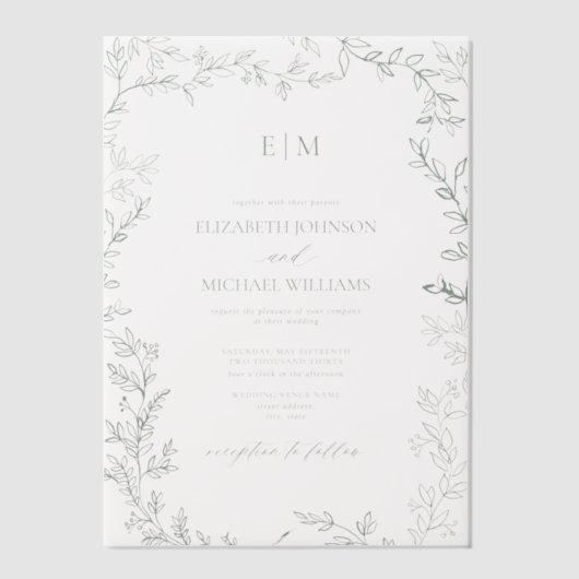 Vellum Leaf Sage Green Elegant Monogram Huwelijk Vellum Uitnodigingen (Voorkant)