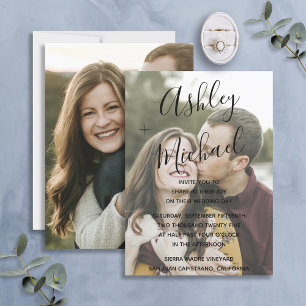 Vellum look Black Handbriefed Photo Wedding Kaart