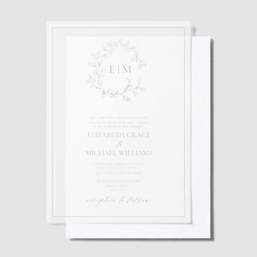 Vellum Sage Green Leafy Crest Monogram Huwelijk Vellum Uitnodigingen (Offset)