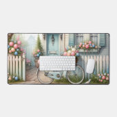 Vélo de chalet bleu avec panier à fleurs de printe (Clavier et souris)