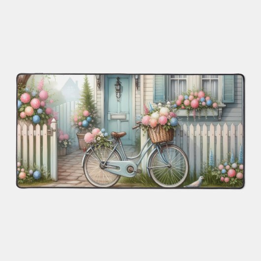 Vélo de chalet bleu avec panier à fleurs de printe (Recto)