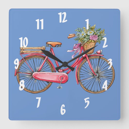 Vélo rose et panier Carré Horloge murale (Recto)