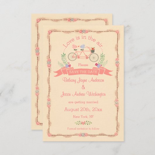 Vélo tandem, oiseaux et bannière Carte d'annonce d (Devant / Derrière)