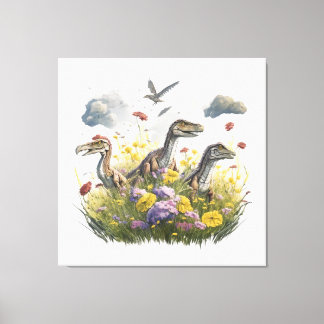 Velociraptors in een weide canvas afdruk