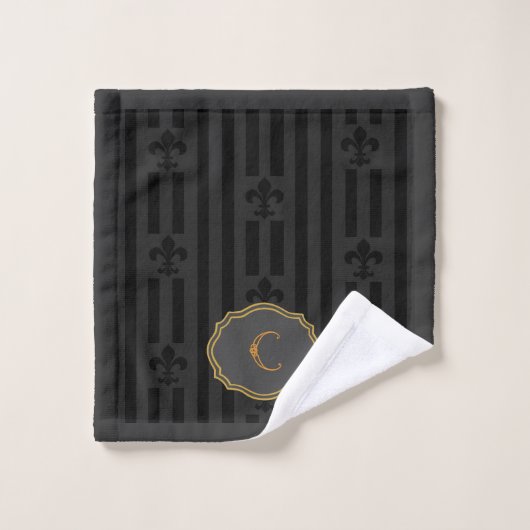 Velours noir Fleur de Lis Linge Monogramme (Gant de toilette)