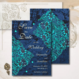 Velvet Blauwgroen en Navy Luxury Wedding Save The Date