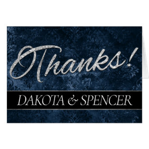 Velvety Navy Damask   Carte de remerciements bleu 
