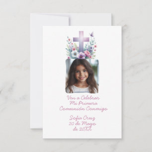 Ven A Celebrar Mi Primera Comunión con Foto Flores Bedankkaart