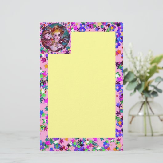VENETIAN MASQUERADE MASKS Roze gele Confetti Briefpapier (Staand voorkant)