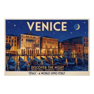 Venetië bij Nacht Grote Kanaal Gondels Kunst Perfect Poster