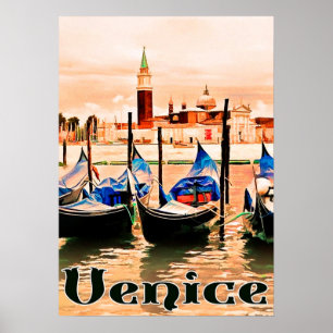 Venetië, Italië, boten in de stadshaven, vintage r Poster
