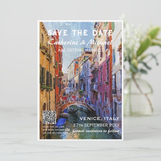 Venetië Italië Bruiloft Reizen Poster Stijl QR Cod Save The Date (Staand voorkant)
