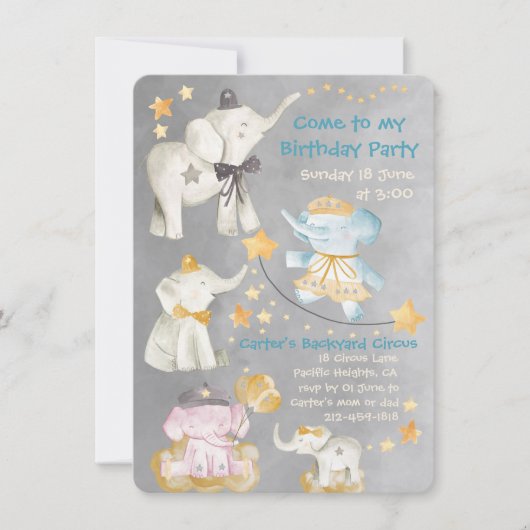 Venez À My Elephant Circus Invitation De Fête D'An (Devant)