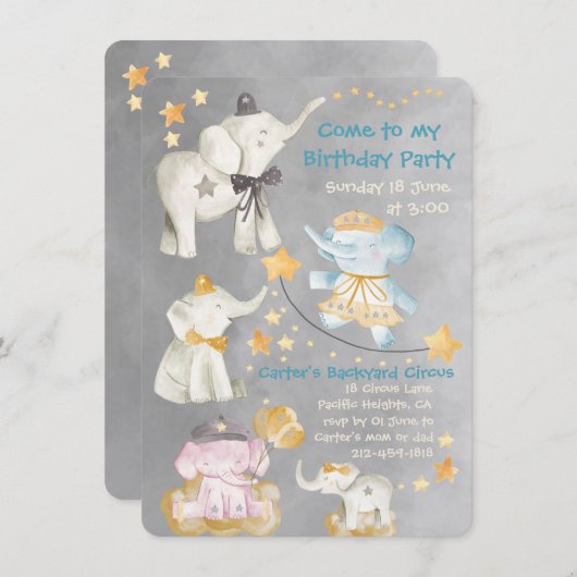 Venez À My Elephant Circus Invitation De Fête D'An (Devant / Derrière)