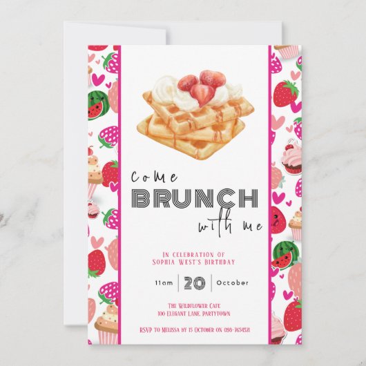 Venez Brunch avec moi blanc rose invitation d'anni (Devant)