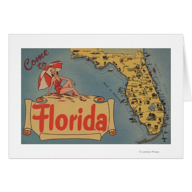 Venez en Floride Carte de l'État, Pin-Up Girl (Devant horizontal)