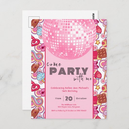 Venez faire la fête avec moi rose invitation d'ann (Devant / Derrière)