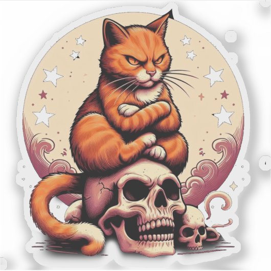 Vengeful Orange Cat, Skulls and Moon Sticker (Voorkant)