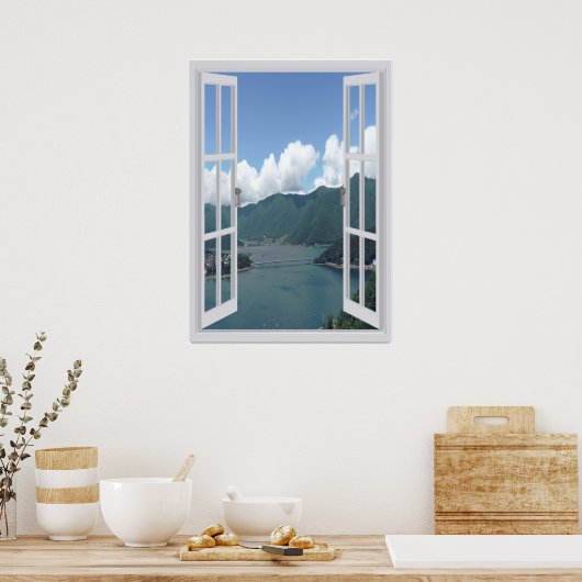 Venster bergmeer Trompe l'oeil Faux Poster (Keuken)