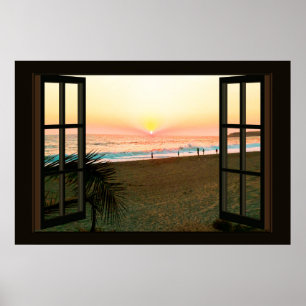 Venster Faux met strand Sunset Ocean Poster