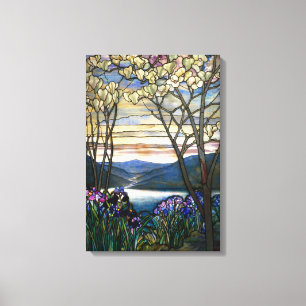 Venster Glas in lood Magnolias en Irises Canvas Afdruk