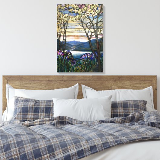 Venster Glas in lood Magnolias en Irises Canvas Afdruk (Insitu (Slaapkamer))