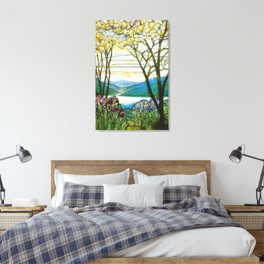 Venster Magnolia en Iris Glas in lood Canvas Afdruk (Insitu (Slaapkamer))