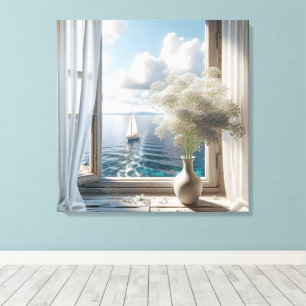Venster met zeilboot Ocean Uitzicht Canvas Afdruk