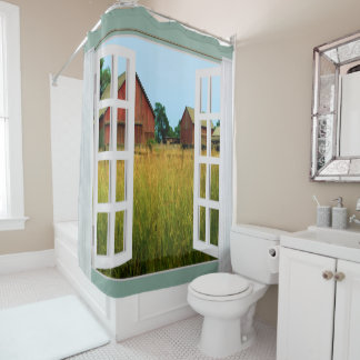 Venster Uitzicht van scheuren in de puinhoop Douchegordijn