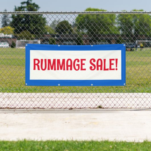 Vente de rummage ! Bannière rouge blanc et bleu (En situation)