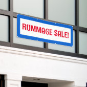 Vente de rummage ! Bannière rouge blanc et bleu (Bâtiment extérieur)