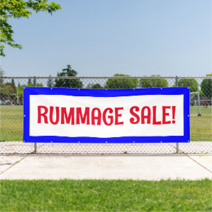 Vente de rummage ! Bannière rouge blanc et bleu