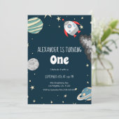 Ver uit Rocket and Planets Boy First Birthday Kaart (Staand voorkant)