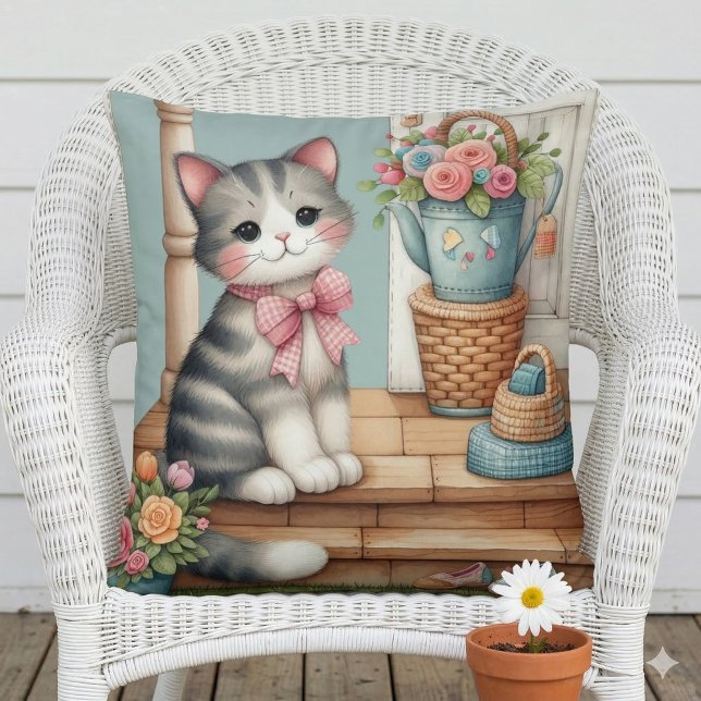 Veranda Kitty Bloemen Patchwork Scene Kussen (Porch Kitty Floral Patchwork Scene Throw Pillow Mockup A)