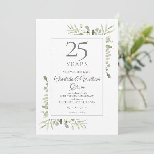 Verander de Datum 25th Silver Jubileum Greenery Kaart (Staand voorkant)