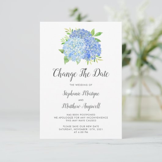 Verander De Datum Blauwe Hortensia Bruiloft Save The Date (Staand voorkant)
