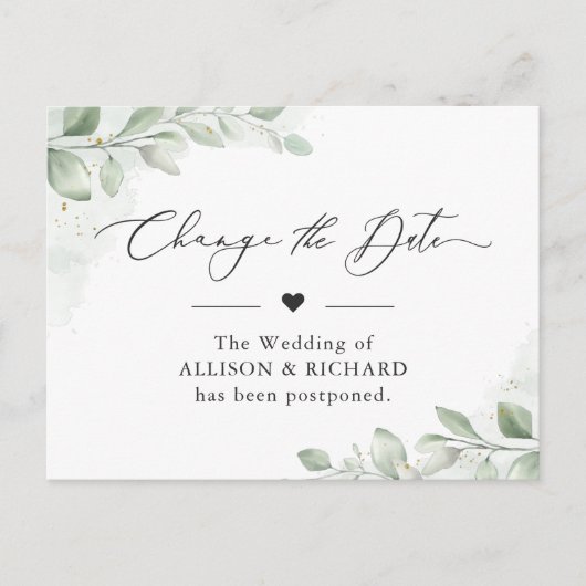 Verander de Datum Chic Greenery Eucalyptus Postpon Briefkaart (Voorkant)