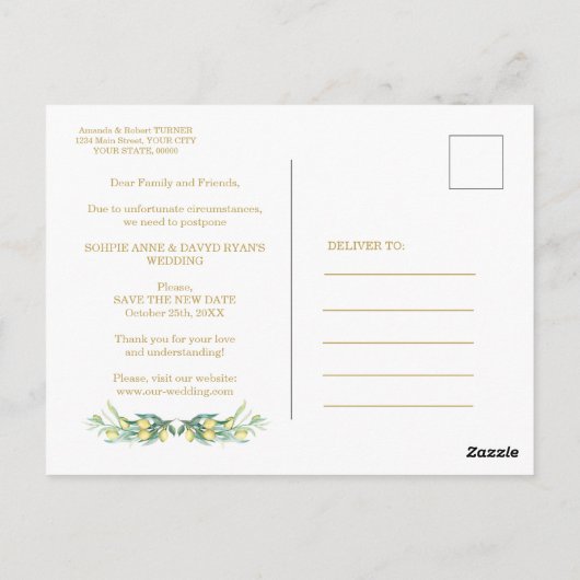 Verander de datum citroen gouden trouw uitgesteld briefkaart (Achterkant)