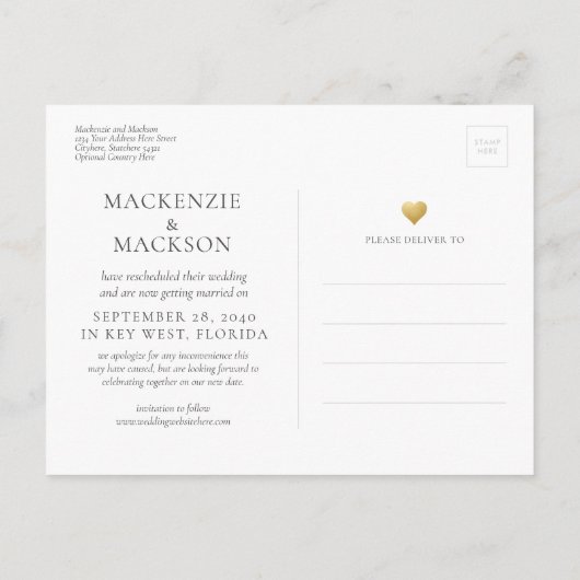 Verander de datum Eenvoudige gouden hart bruiloft Aankondigingskaart (Achterkant)