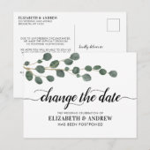 Verander de datum moderne script groen eucalyptus aankondigingskaart (Voorkant / Achterkant)