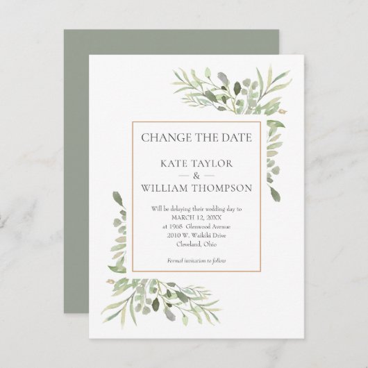 Verander de datum moderne waterverf groen aankondigingskaart (Voorkant / Achterkant)
