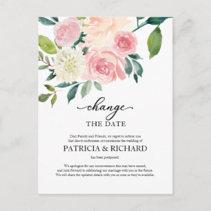 Verander de datum Roze bloemen Bruiloft Uitstel Briefkaart