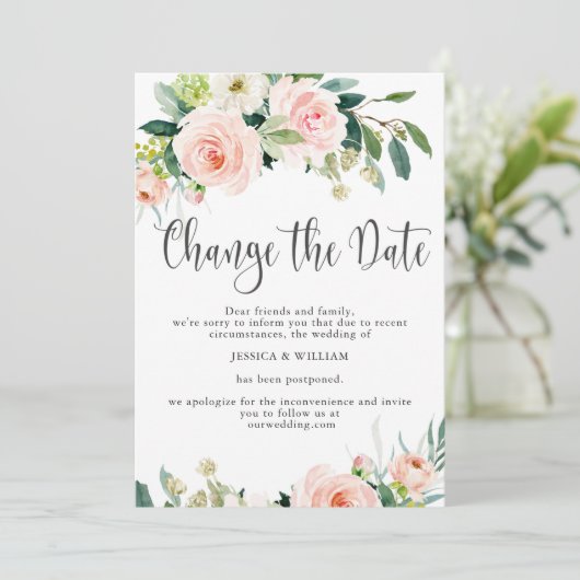 Verander de datum uitgestelde Blush Roses Trouwdag Kaart (Staand voorkant)