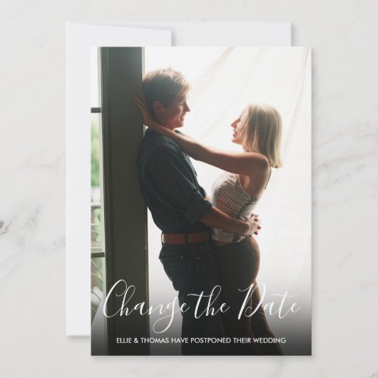 Verander de datum uitgestelde bruiloft script foto save the date (Voorkant)