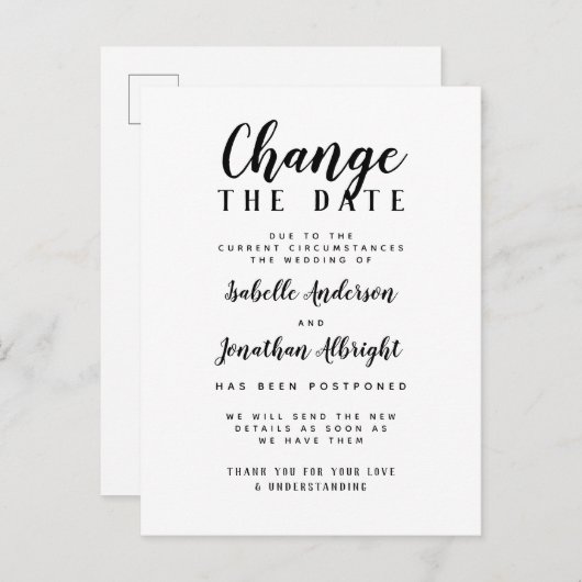 Verander de Datum Zwart-wit Postponed Weddenschap Uitnodiging Briefkaart (Voorkant / Achterkant)