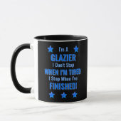 Verander tekst, ik ben een glazier, stop niet moe mok (Links)