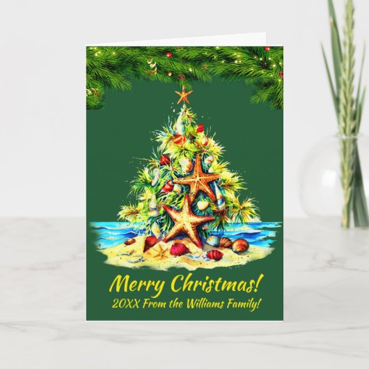 Verander tekst, Zeesterren schelpen Zand Kerstboom Kaart (Voorkant)