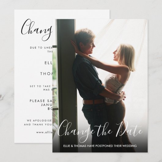 Veranderde datum uitgestelde bruiloft script foto save the date (Voorkant / Achterkant)